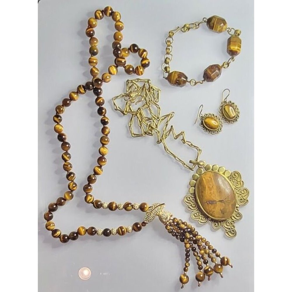 Vintage Estate Tiger's Eye Brass Gold Tone Crystal Necklace Bracelet Earring Lot